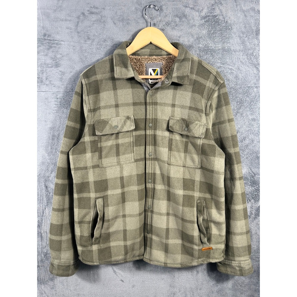 Voyager Mens Plaid Fleece Shirt Jacket Olive Green Khaki Faux Shearling Lined M